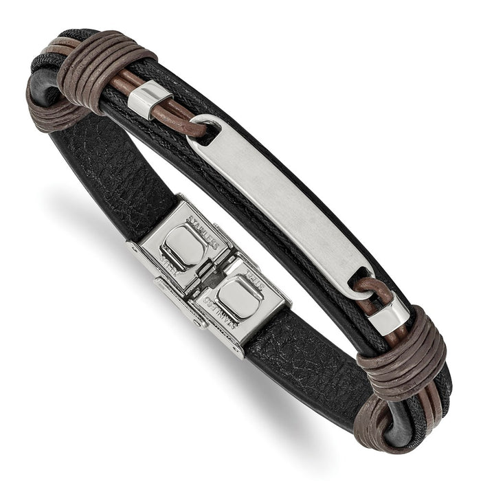 Chisel Brand Jewelry, Stainless Steel Polished Black and Brown Leather 8.25in Bracelet