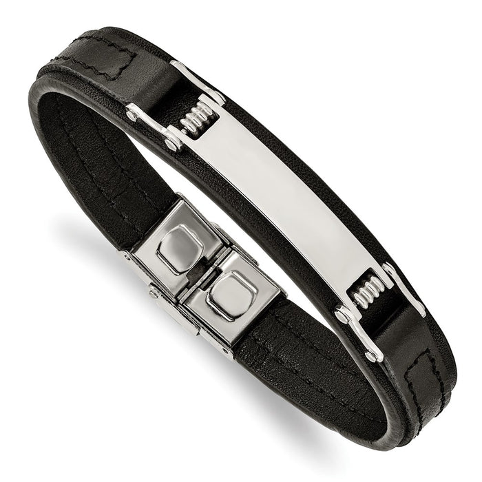 Chisel Brand Jewelry, Stainless Steel Polished Black Leather 8.25in ID Bracelet