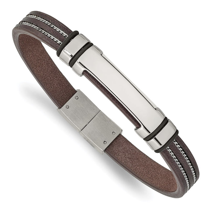 Chisel Brand Jewelry, Stainless Steel Polished Brown Leather with Black Rubber 8.25in ID Bracelet