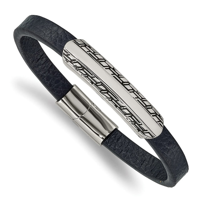 Chisel Brand Jewelry, Stainless Steel Antiqued and Polished Blue Leather 8.25in Bracelet