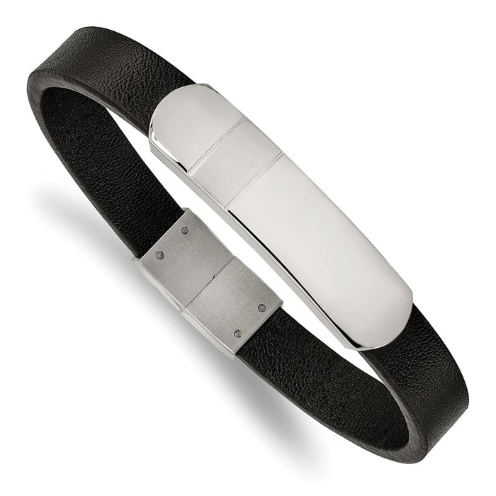Chisel Brand Jewelry, Stainless Steel Brushed and Polished Black Leather 8.5in ID Bracelet