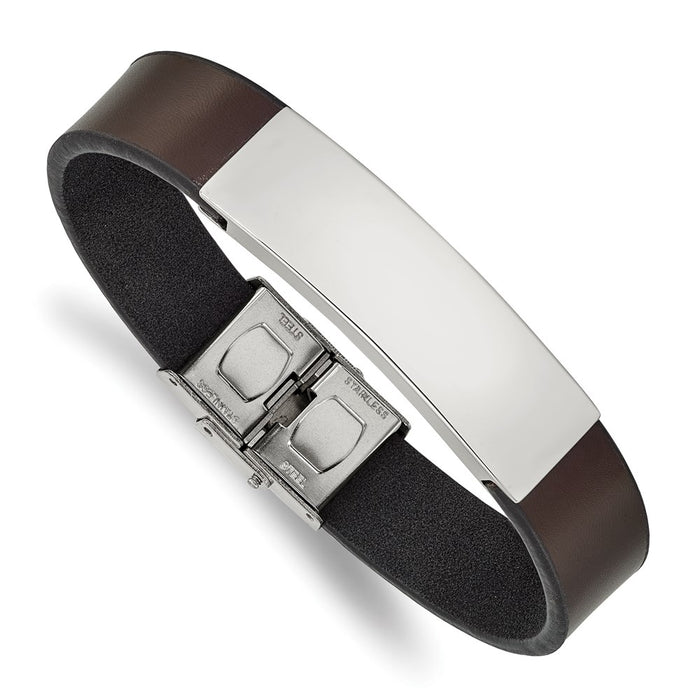 Chisel Brand Jewelry, Stainless Steel Polished Brown Leather 8.25in ID Bracelet