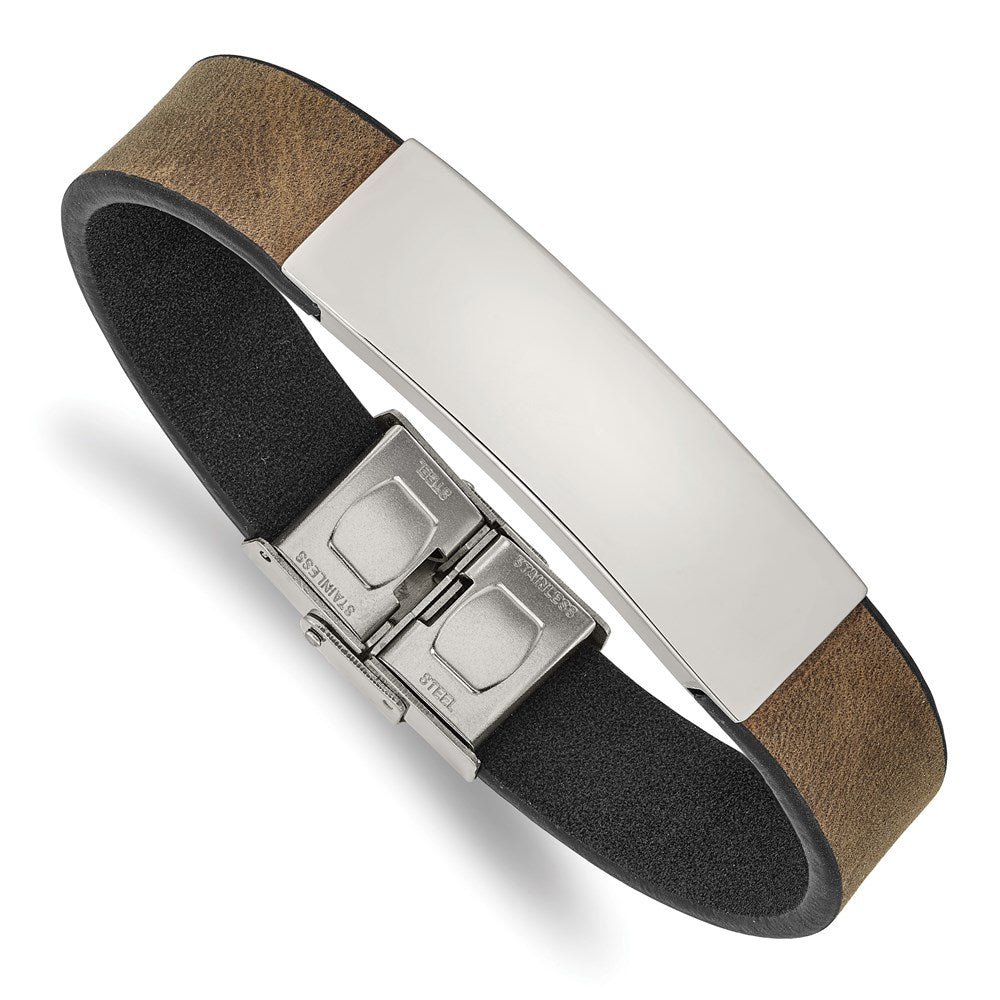 Chisel Brand Jewelry, Stainless Steel Polished Brown/Black Leather 8.25in ID Bracelet