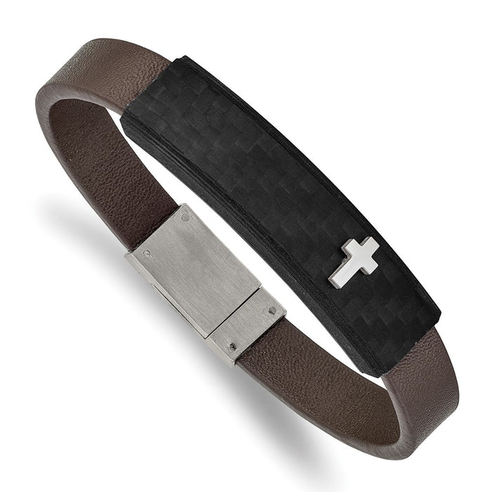 Chisel Brand Jewelry, Stainless Steel Polished Solid Carbon Fiber Brown Faux Leather 8in Bracelet