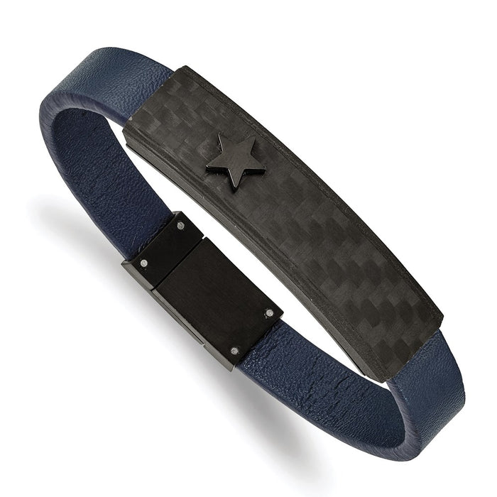Chisel Brand Jewelry, Stainless Steel Polished Black IP Carbon Fiber Blue Faux Leather Bracelet