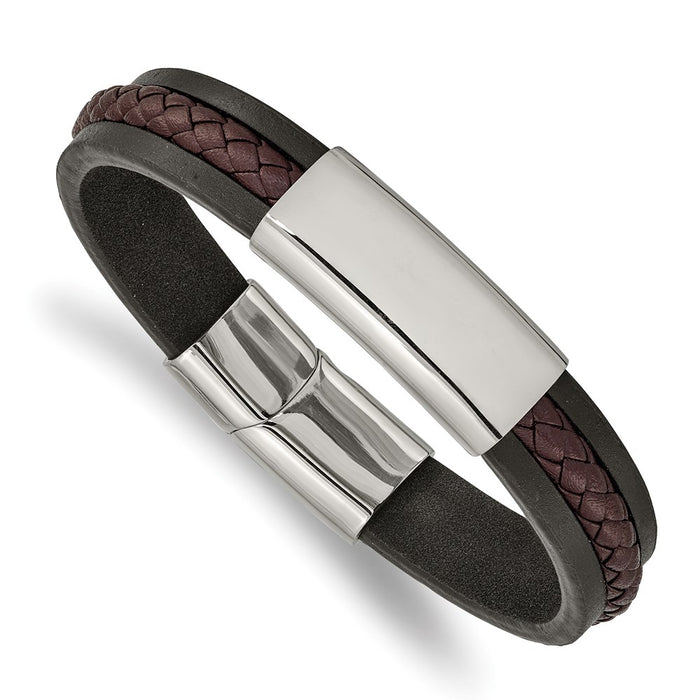 Chisel Brand Jewelry, Stainless Steel Polished Black & Brown Braided Leather 8.25in ID Bracelet