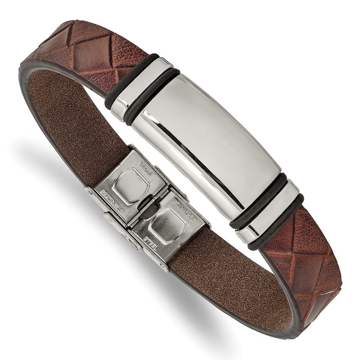 Chisel Brand Jewelry, Stainless Steel Polished Brown Faux Leather with Black Rubber ID Bracelet