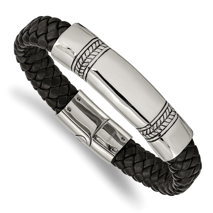 Chisel Brand Jewelry, Stainless Steel Antiqued and Polished Black Leather 8.25in ID Bracelet