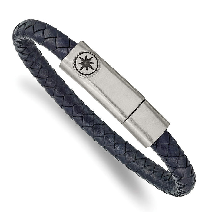 Chisel Brand Jewelry, Stainless Steel Brushed and Oxidized Blue Leather Compass 8in Bracelet