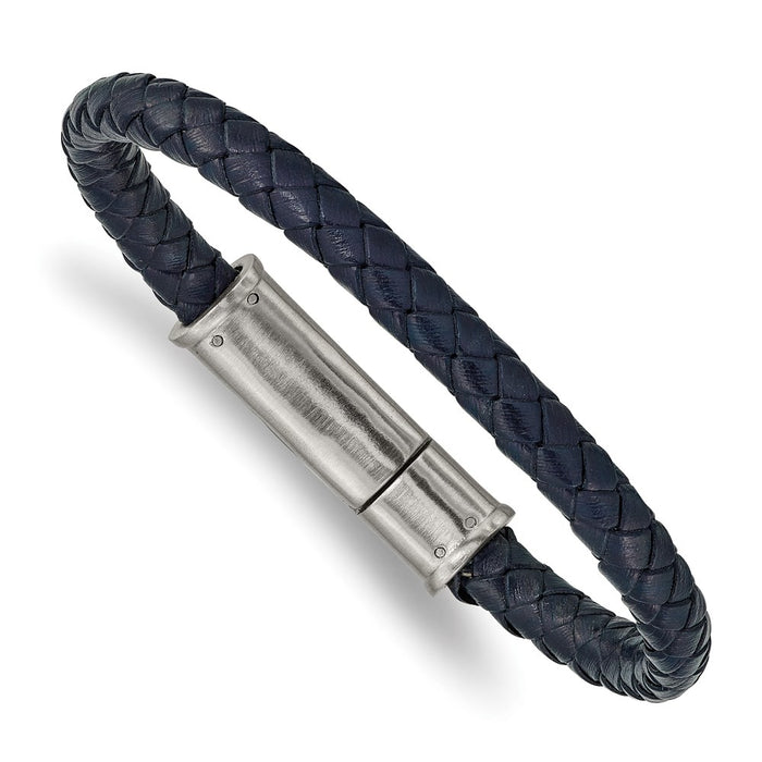 Chisel Brand Jewelry, Stainless Steel Brushed Braided Blue Leather 8.25in Bracelet