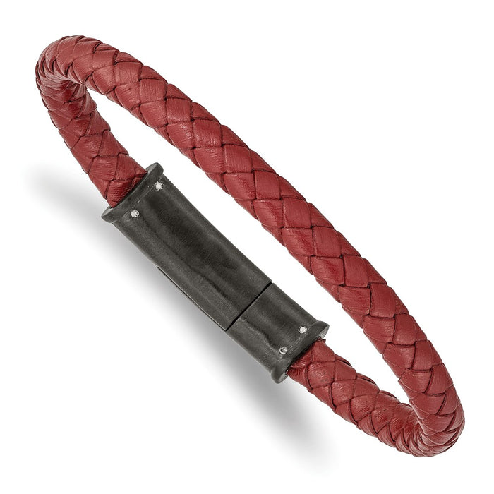 Chisel Brand Jewelry, Stainless Steel Brushed Black IP-plated Red Leather 8.5in Bracelet