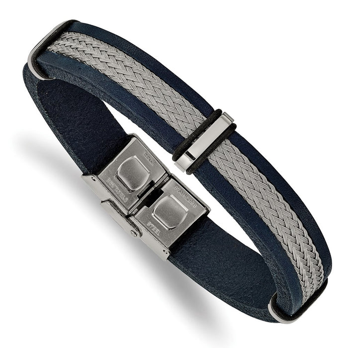 Chisel Brand Jewelry, Stainless Steel Polished Blue Leather and Wire 8.5in Bracelet
