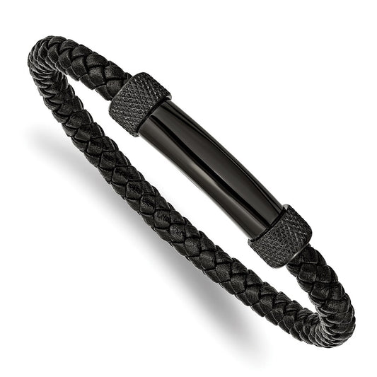 Chisel Brand Jewelry, Stainless Steel Polished Black IP-plated Black Leather 8.25in Bracelet