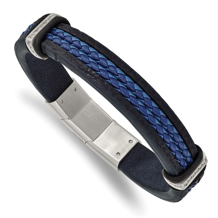 Chisel Brand Jewelry, Stainless Steel Polished Blue Leather with CZ 8in with .5in ext. Bracelet