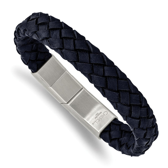 Chisel Brand Jewelry, Stainless Steel Brushed Navy Braided Leather 8.25in with .5in ext. Bracelet