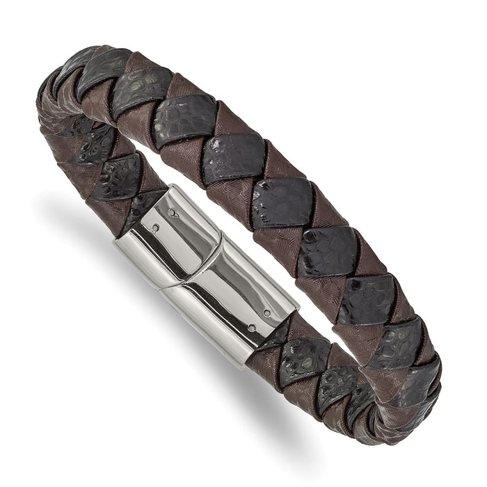 Chisel Brand Jewelry, Stainless Steel Polished Black and Brown Textured Leather 8in Bracelet