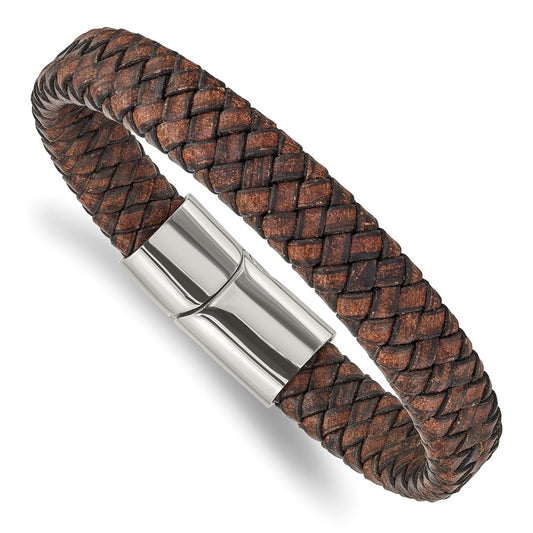 Chisel Brand Jewelry, Stainless Steel Polished Brown Leather 11.50mm 8.5in Bracelet
