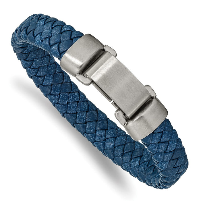 Chisel Brand Jewelry, Stainless Steel Brushed Blue Leather 8.25in Bracelet