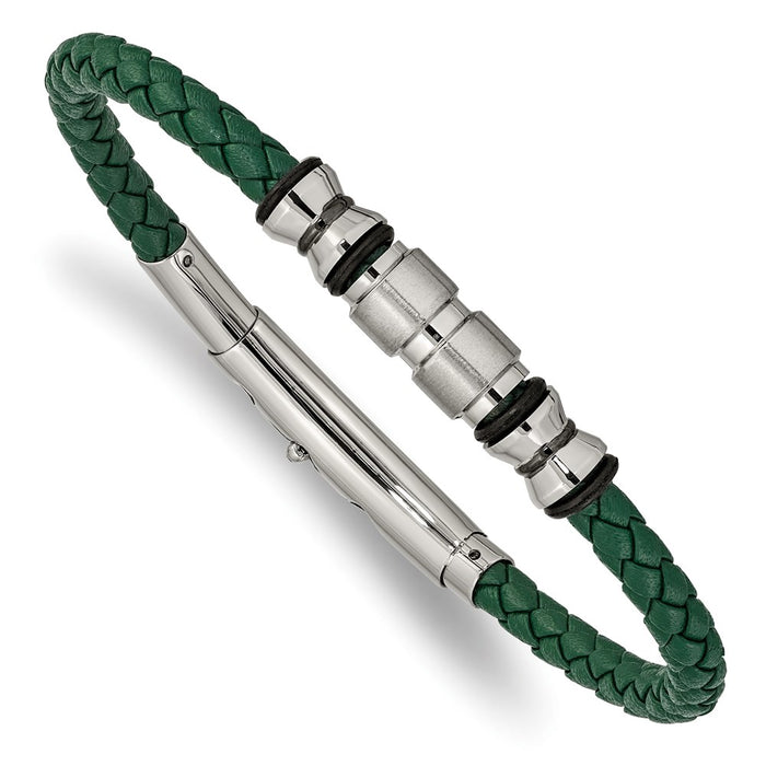 Chisel Brand Jewelry, Stainless Steel Brushed & Polished Black IP/Rubber Green Leather Adj. Brace