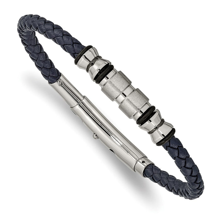 Chisel Brand Jewelry, Stainless Steel Brushed & Polished Black IP/Rubber Blue Leather Adj. Bracelet