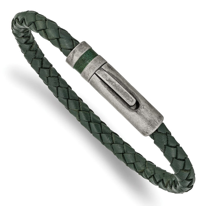 Chisel Brand Jewelry, Stainless Steel Antiqued Green Leather 8.25in Bracelet