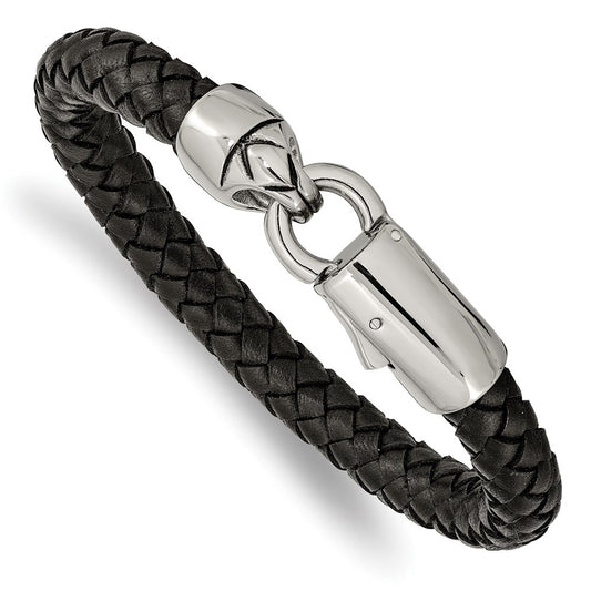 Chisel Brand Jewelry, Stainless Steel Antiqued and Polished Black Leather 8.25in Bracelet
