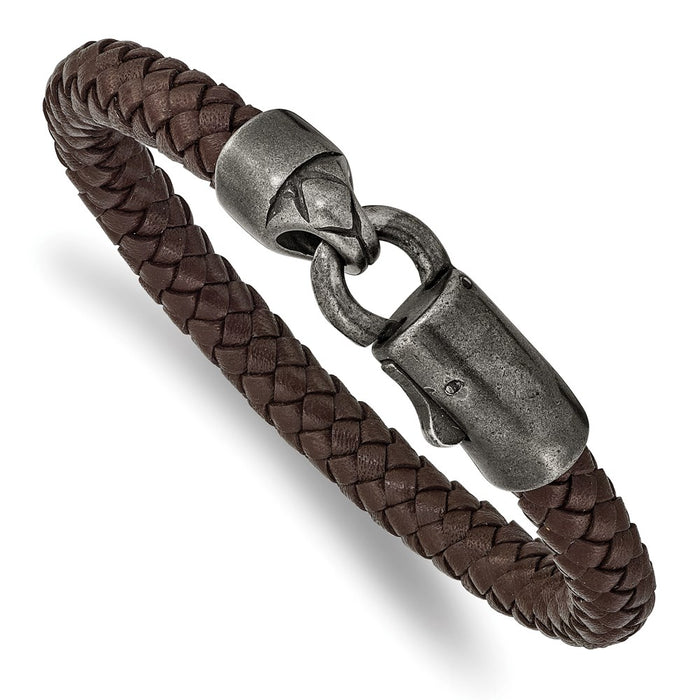 Chisel Brand Jewelry, Stainless Steel Antiqued Grey Plating Brown Leather 8.25in Bracelet