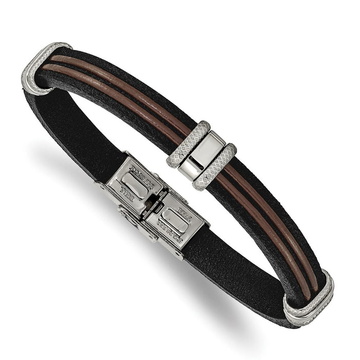 Chisel Brand Jewelry, Stainless Steel Polished Black and Brown Leather 8.25in Bracelet
