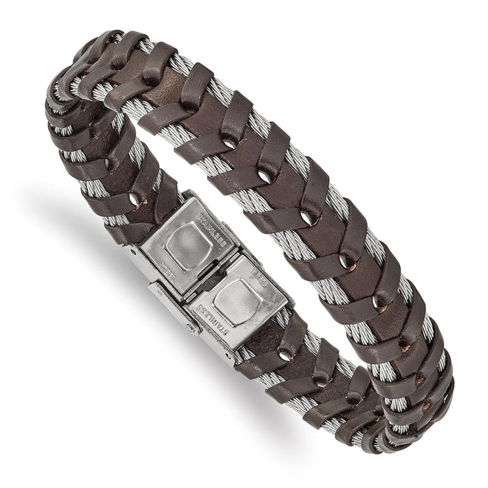 Chisel Brand Jewelry, Stainless Steel Polished Wire and Brown Leather 8.25in Bracelet