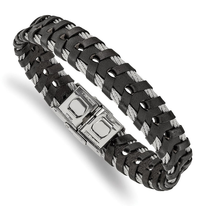 Chisel Brand Jewelry, Stainless Steel Polished Braided Black Leather and Wire 8.25in Bracelet