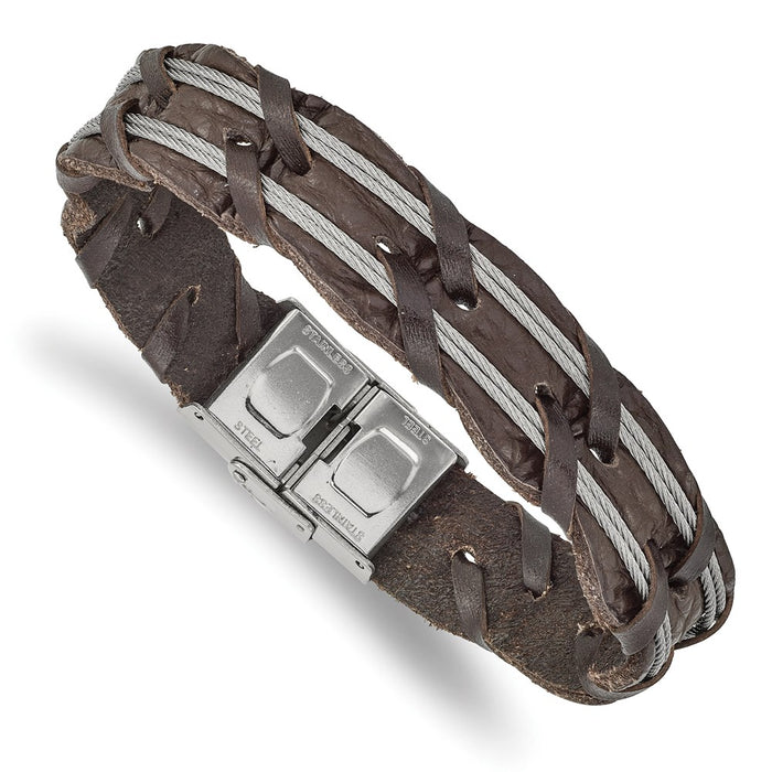 Chisel Brand Jewelry, Stainless Steel Polished Brown Leather and Wire Braided 8.5in Bracelet