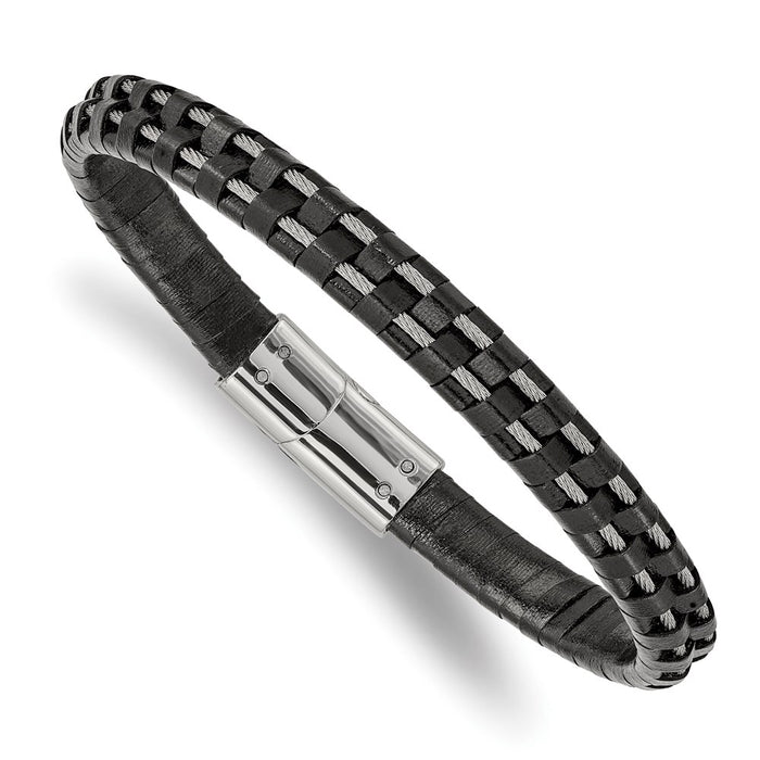 Chisel Brand Jewelry, Stainless Steel Polished Wire and Black Leather 8.75in Bracelet