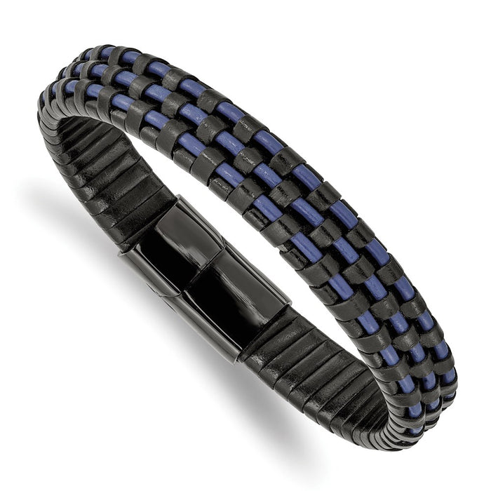 Chisel Brand Jewelry, Stainless Steel Polished Black IP Black and Blue Leather 8.25in Bracelet