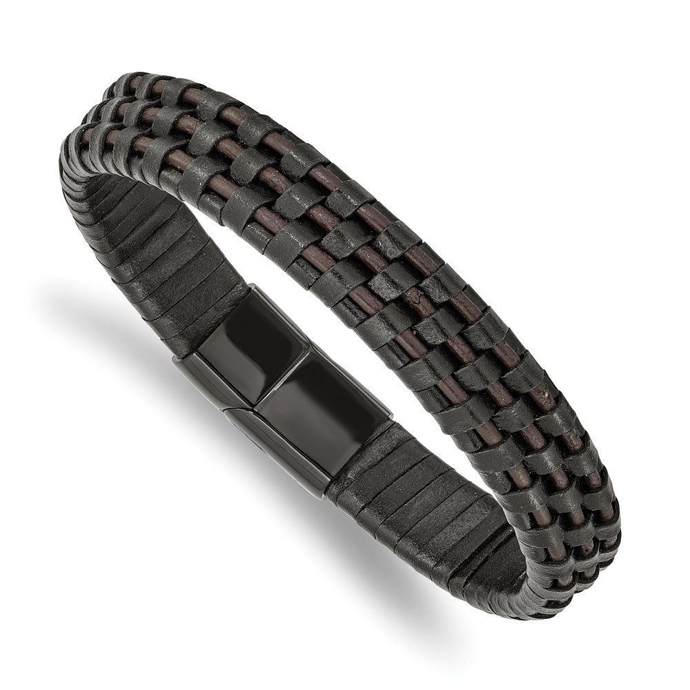 Chisel Brand Jewelry, Stainless Steel Polished Black IP Black and Brown Leather 8.25in Bracelet