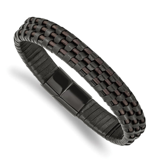 Chisel Brand Jewelry, Stainless Steel Polished Black IP Black and Brown Leather 8.25in Bracelet