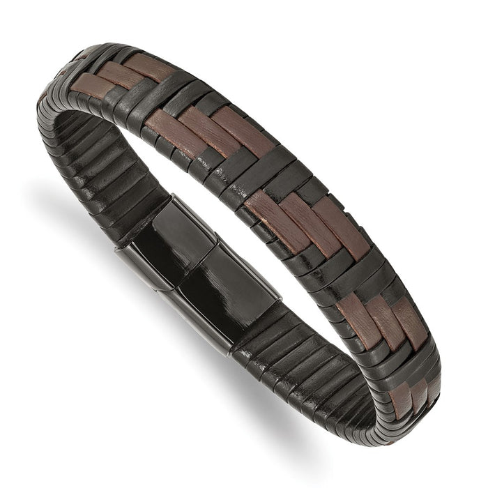 Chisel Brand Jewelry, Stainless Steel Polished Black IP Brown/Black Leather 8.25in Bracelet