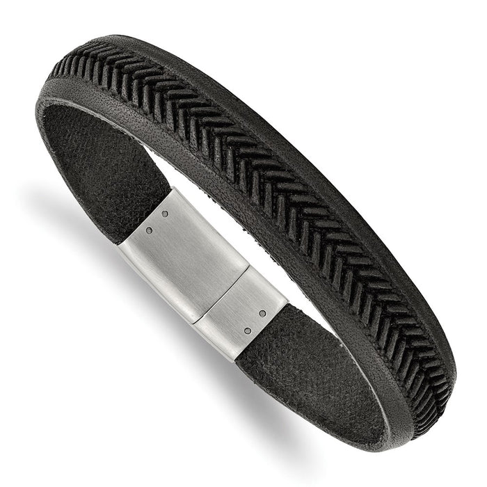 Chisel Brand Jewelry, Stainless Steel Polished Black Italian Leather 8.75in Bracelet