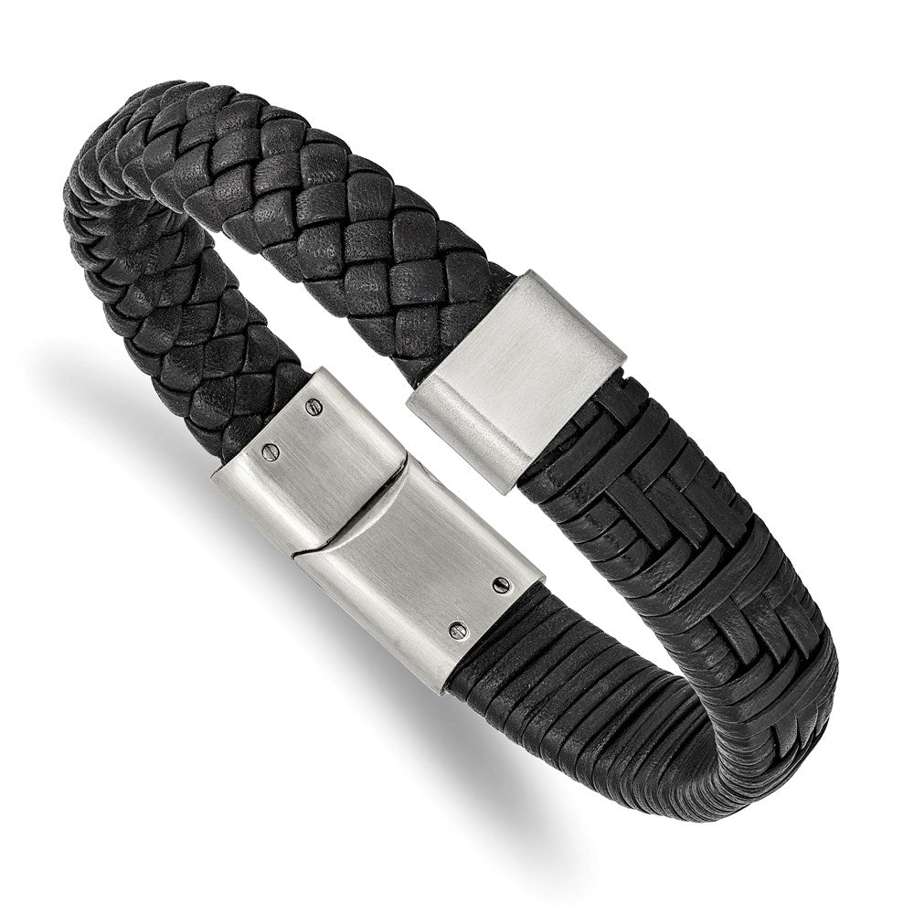 Chisel Brand Jewelry, Stainless Steel Brushed Black Leather 8.25in Bracelet