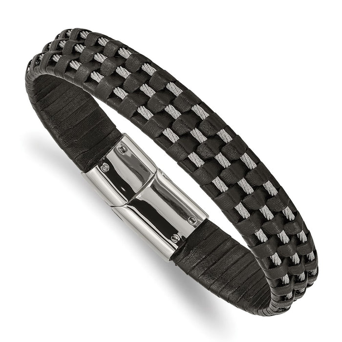 Chisel Brand Jewelry, Stainless Steel Polished Black Leather and Wire 8.5in Bracelet