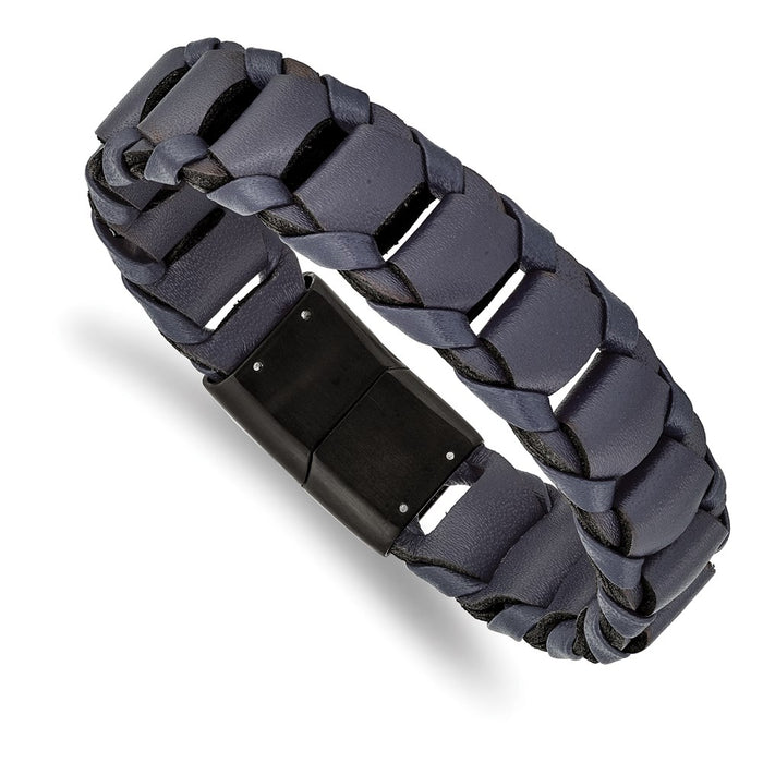 Chisel Brand Jewelry, Stainless Steel Brushed Black IP-plated Blue Leather 8.5in Bracelet