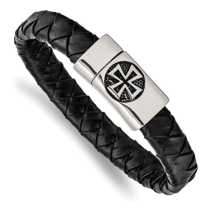 Chisel Brand Jewelry, Stainless Steel Antiqued and Polished Cross Black Leather 8.5in Bracelet