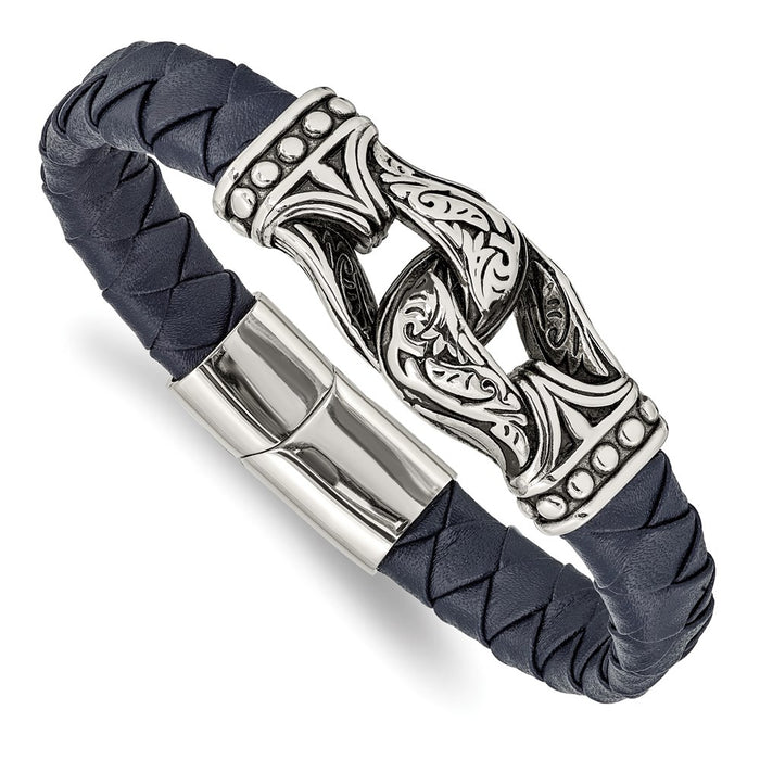 Chisel Brand Jewelry, Stainless Steel Antiqued and Polished Blue Leather 8.75in Bracelet