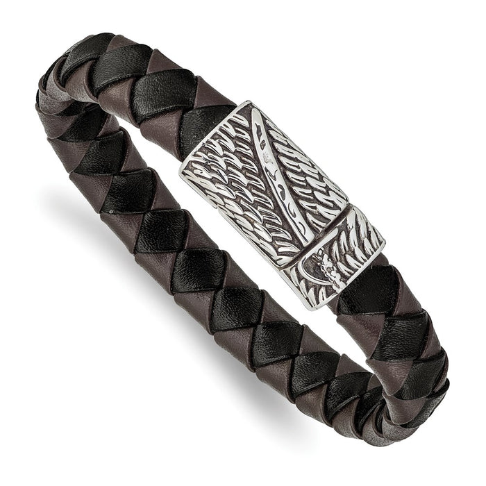 Chisel Brand Jewelry, Stainless Steel Antiqued & Polished Black/Brown Leather Sword 8.5in Bracele