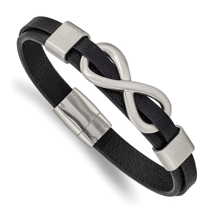 Chisel Brand Jewelry, Stainless Steel Brushed Infinity Symbol Black Leather 8in Bracelet