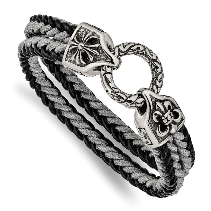 Chisel Brand Jewelry, Stainless Steel Antiqued & Polished Leather/Cotton Braided 8in Bracelet