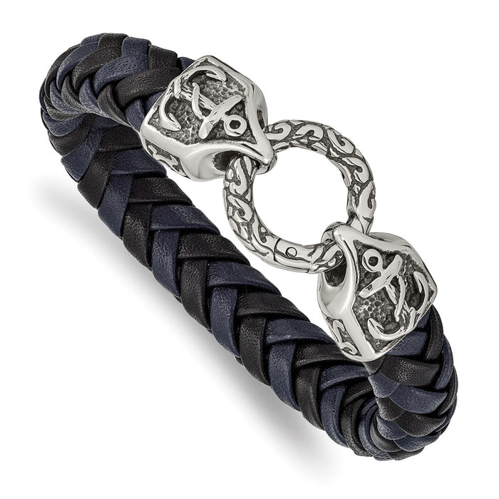 Chisel Brand Jewelry, Stainless Steel Antiqued and Polished Black/Blue Leather 8.25in Bracelet