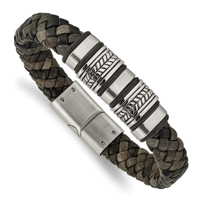 Chisel Brand Jewelry, Stainless Steel Brushed Polished & Antiqued Leather with Silicone Bracelet