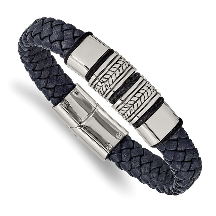 Chisel Brand Jewelry, Stainless Steel Antiqued & Polished Blue Leather with Silicone 8.25in Bracelet