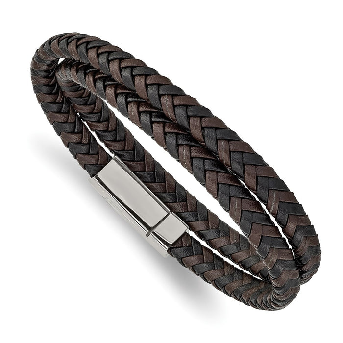 Chisel Brand Jewelry, Stainless Steel Polished Brown/Black Leather Braided 15.75in Wrap Bracelet