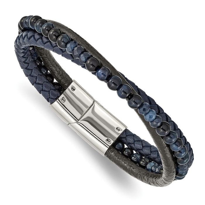 Chisel Brand Jewelry, Stainless Steel Polished with Blue Chalcedony/Tiger's Eye Leather Bracelet